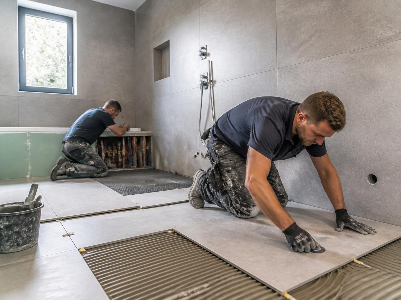 Ervaren vakmensen van PoolseKlus tijdens de uitvoering van een badkamerrenovatie